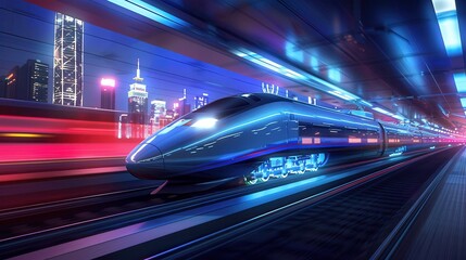 Fototapeta premium Speed Train. Railway Station with Blurred Night Cityscape Background and Aerodynamic Travel Concept