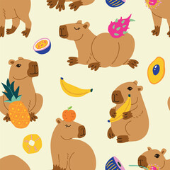 Fototapeta premium Cute capybara with tropical fruits in various poses vector illustration. South America mammal seamless pattern for wallpaper wrapping paper