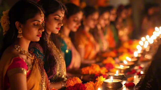 Devotees worshiping Goddess Lakshmi with traditional rituals during Diwali, adorned altar with lamps and flowers