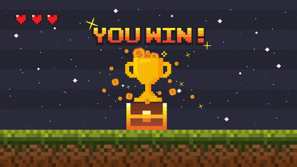 Pixel game win screen. Retro 8 bit video game interface with You Win text.You win pixel game background. video game level up background.pixel art illustration © Maderla