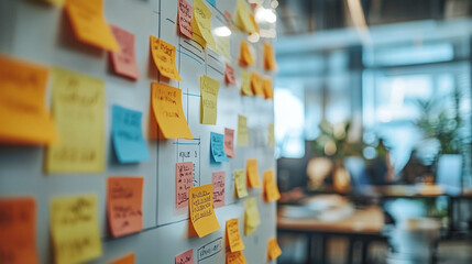 Obraz premium Office with post it notes on a whiteboard to illustrate strategies, highlighting decision-making and communication