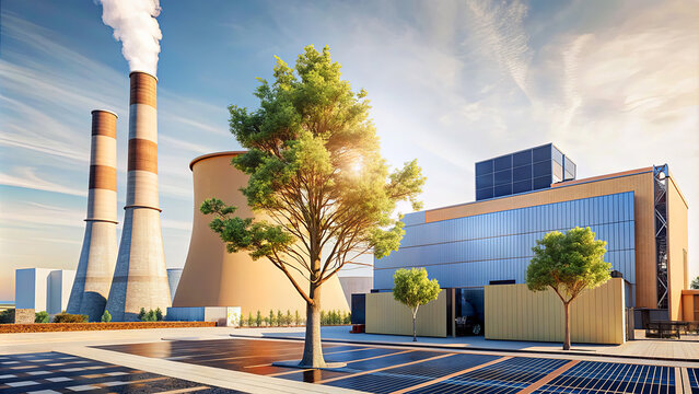 The facility features solar panels, a tree, and large cooling towers under a clear sky, emphasizing renewable energy initiatives