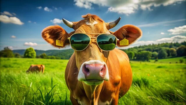 Relaxed brown cow wearing trendy shades stands in a green meadow, exuding coolness, with a calm expression and a hint of rural chic.