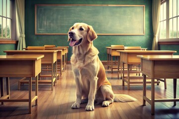 Retro Canine Study Buddy: Vintage-style dog in 1950s classroom, muted colors, retro concept