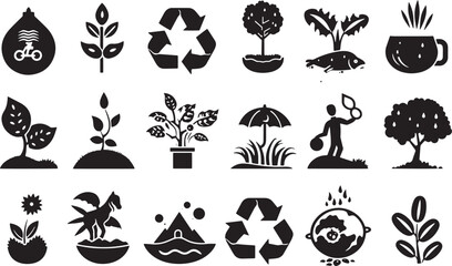 A straightforward vector icon set with a climate action, sustainable agriculture, conservation efforts, and clean air .icons in black and white style with isolated on white