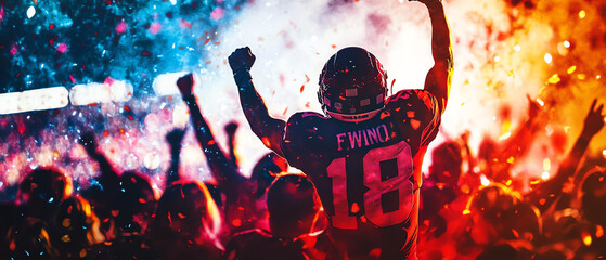A powerful moment in sports, showcasing a football player celebrating amidst a vibrant crowd at a lively game.