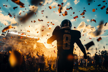 A victorious football player celebrates amidst colorful confetti, capturing the excitement and energy of a championship win.