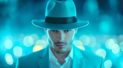 Mysterious man wearing fedora hat in neon light