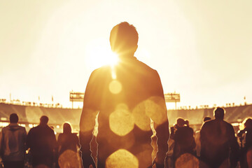 Silhouette of a person observing a vibrant sunset at a stadium, capturing a moment of reflection and serenity.
