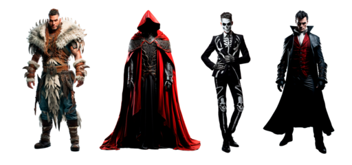 Four different men wearing Halloween costumes of monster hunter, dark knight, skeleton and vampire