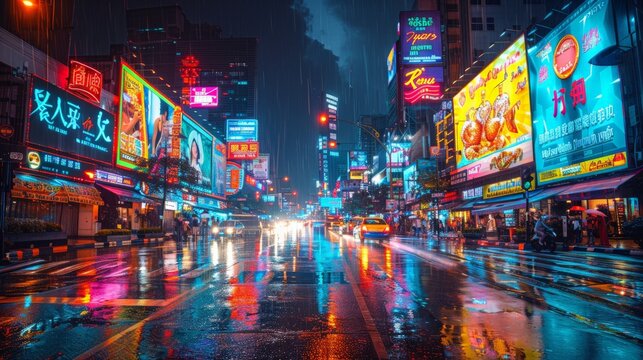 Colorfully lit billboards, at the city with reflections.