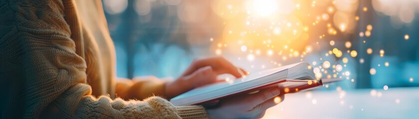 Fototapeta premium Reading in Warm Light with Cozy Sweater