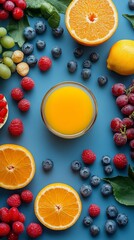 Fresh fruit juice surrounded by colorful fruits on blue background