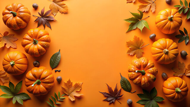 Delightful autumnal arrangement featuring bright orange pumpkins and vibrant autumn leaves against a warm orange backdrop, creating a cozy, seasonal feeling and space for text.