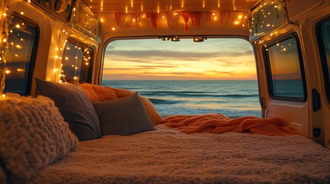 Cozy camper van interior overlooking a beautiful ocean sunset with fairy lights - Powered by Adobe