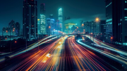 Naklejka premium Long exposure light trails of traffic on a multi-lane highway leading towards an illuminated modern city skyline at night.