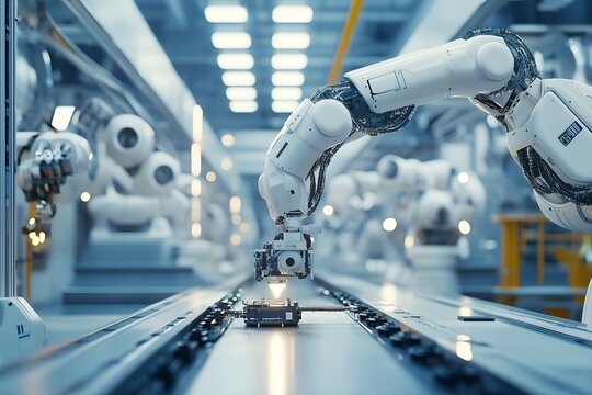 Futuristic Robotic Assembly Line in High-Tech Manufacturing Facility