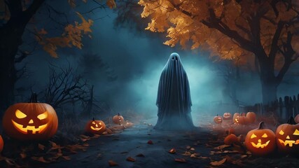 Enigmatic ghostly figure gliding through a moonlit pumpkin patch on a crisp autumn night - Powered by Adobe