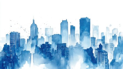 Fototapeta premium A watercolor city skyline in blue tones, depicting urban architecture and atmosphere.