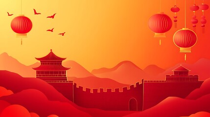 Celebrating Chinese National Day with Great Wall and Red Lanterns - Vibrant Illustration in Red and Yellow Tones