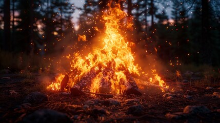 Glowing Campfire in the Woods During Twilight, Warm Ambiance and Sparkling Flames