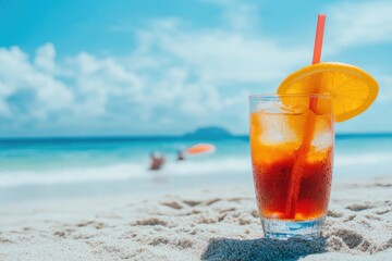 Tropical cocktail standing on white sand beach with turquoise sea background