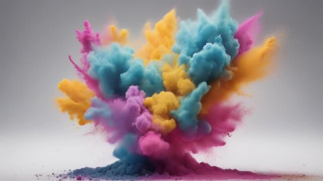 vibrant and dynamic explosion of colorful powder bursts forth from a central point forming a cloud of swirling colors that includes shades of pink purple blue yellow and orange 