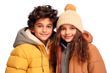Two children posing with stylish winter clothes and smiling to the camera