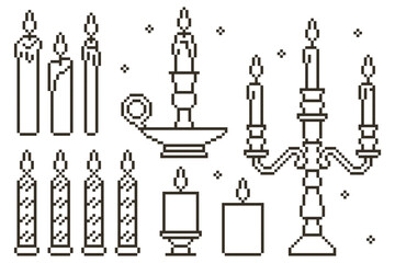 Pixel Art Burning Different Candles Set. Vector illustration in retro style