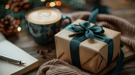 Cozy Holiday Gift with Latte and Knitted Sweater in Warm Ambiance