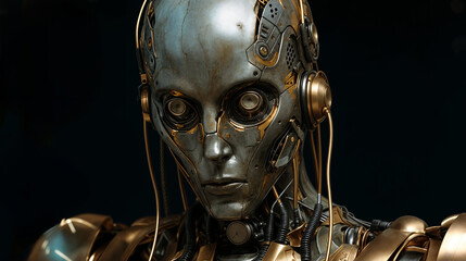 Futuristic android head with metallic features, glowing eyes, and intricate cybernetic components against dark background, depicting advanced artificial intelligence