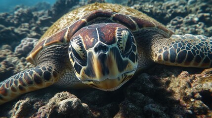 Obraz premium Close-up shot of a turtle resting peacefully on the coral floor.