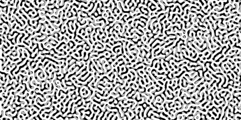 Abstract Turing organic wallpaper with background. Turing reaction diffusion monochrome seamless pattern with chaotic motion. Natural seamless line pattern. Linear design with biological shapes.