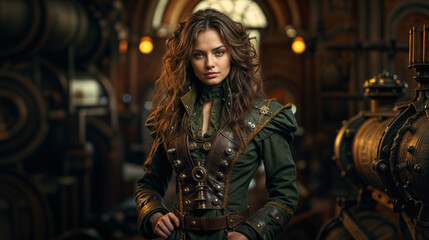 Steampunk heroine in Victorian-inspired attire gazes intensely, surrounded by brass machinery and warm lighting in an ornate, industrial setting