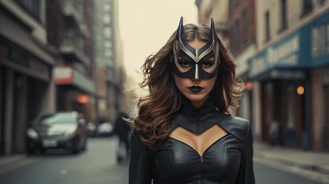 A woman in an elegant black superhero costume strides through a lively city street, exuding strength and intrigue.