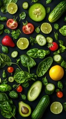 Fresh green vegetables and fruits arranged on black table