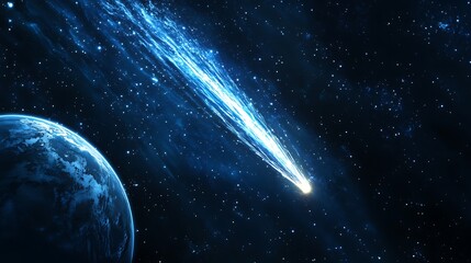 Obraz premium Celestial Encounter: Stunning Comet Tail Passing Earth in Realistic Style with Intricate Details and Blue Tones, High Resolution View from Below