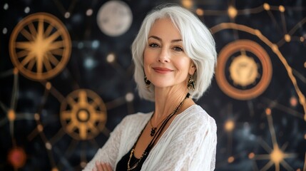 Stylish Senior Astrologer Influencer Posing with Astrology Chart in Background