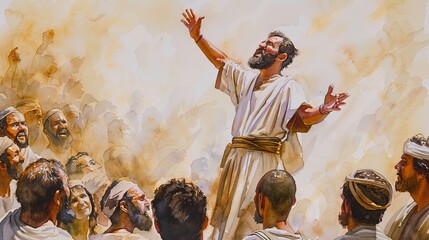 Biblical Illustration of Apostle Matthias Preaching to Crowds Filled with Holy Spirit on Beige Background with Copyspace