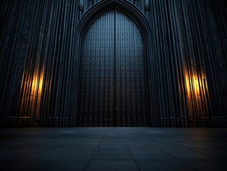 A majestic dark door stands tall against stone walls, illuminated by flickering candlelight, evoking mystery and grandeur.