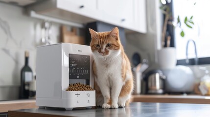 Automated Pet Feeder Centered in Modern Kitchen With Cat Observing Food Dispenser