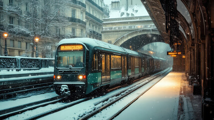 Paris Metro train arriving at a snowy underground station, with elegant Art Nouveau architecture and frosty windowpanes.