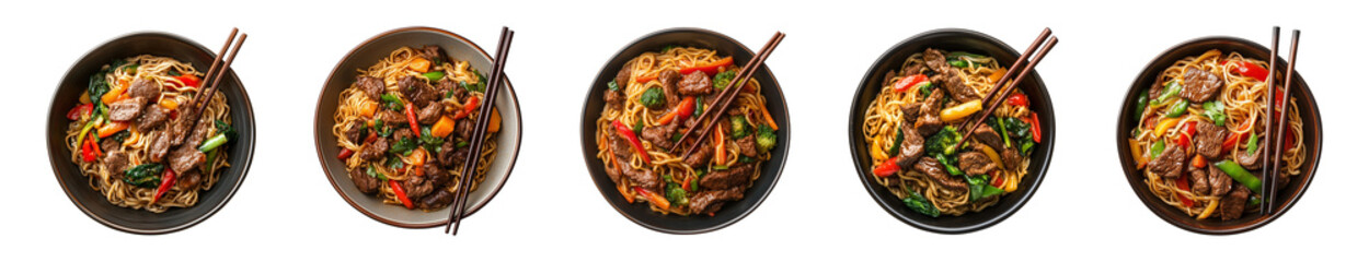 noodles with beef and vegetables in a bowl with chopsticks isolated on a transparent or white background, cut-out, top view, PNG