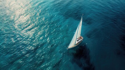 Solitude at Sea - Aerial View of a Sailing Boat in the Endless Blue Ocean