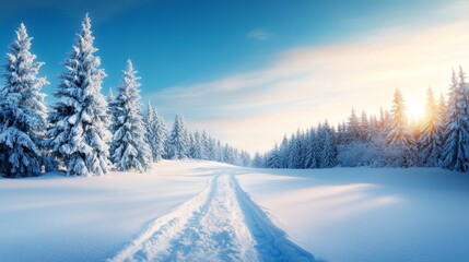 Snowy Path Through Winter Forest at Sunrise
