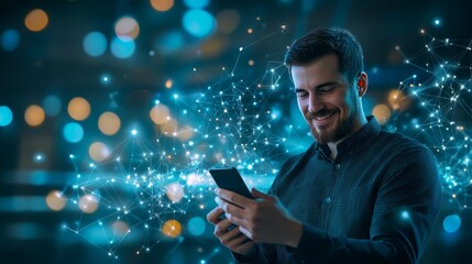 Man using smartphone with digital connections visualization