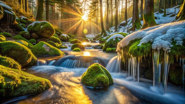 Sparkling ice crystals dissolve into rivulets of water as winter's grip relents, revealing moss-covered rocks and verdant forest floor in warm, golden afternoon light.