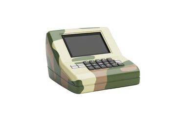 Camouflage military equipment with a display and keypad, isolated on a transparent background. Ideal for defense technology and security themes.