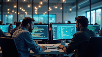 Late Night Coding Session in Tech Office: Dedicated Programmers Working on Software Project in Modern Workspace