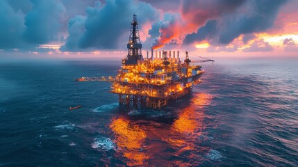 Obraz premium Offshore oil rig drilling platform at sunset. 